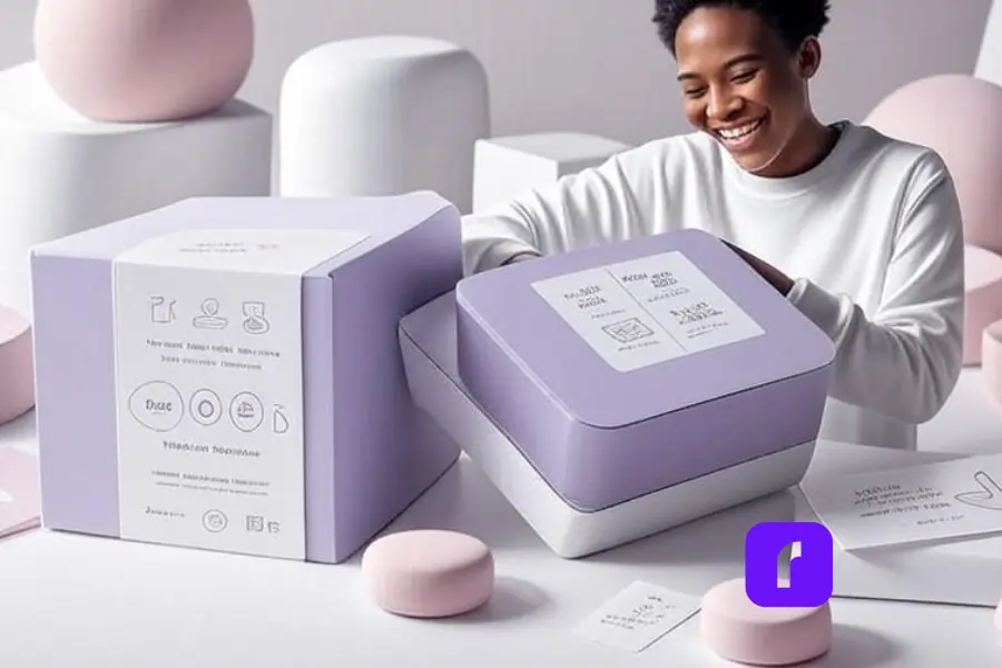 A joyful customer in a white shirt unboxes a premium product with beautifully designed personalized labels, featuring a subtle textured surface and a small thank-you note. The packaging includes clear icons for product use and care, surrounded by soft pastel colors like white, light purple, and blush pink, with simplified geometric shapes and matte surfaces. Supporting elements include a Rollo Wireless Printer, shipping labels, and packing materials, all set against a balanced, uncluttered background with ample negative space.