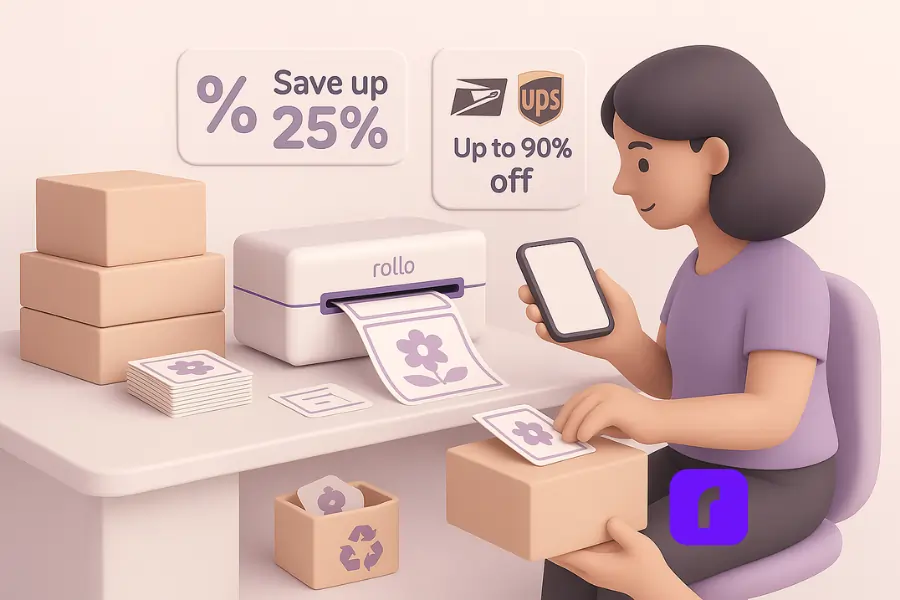 A minimalist pastel 3D illustration of a small business owner applying a custom label to a product box beside a Rollo Wireless Printer. Floating UI panels display cost savings of up to 25% for small-batch printing and discounted USPS/UPS rates of up to 90% off via Rollo Ship, emphasizing budget-friendly and eco-friendly benefits.
