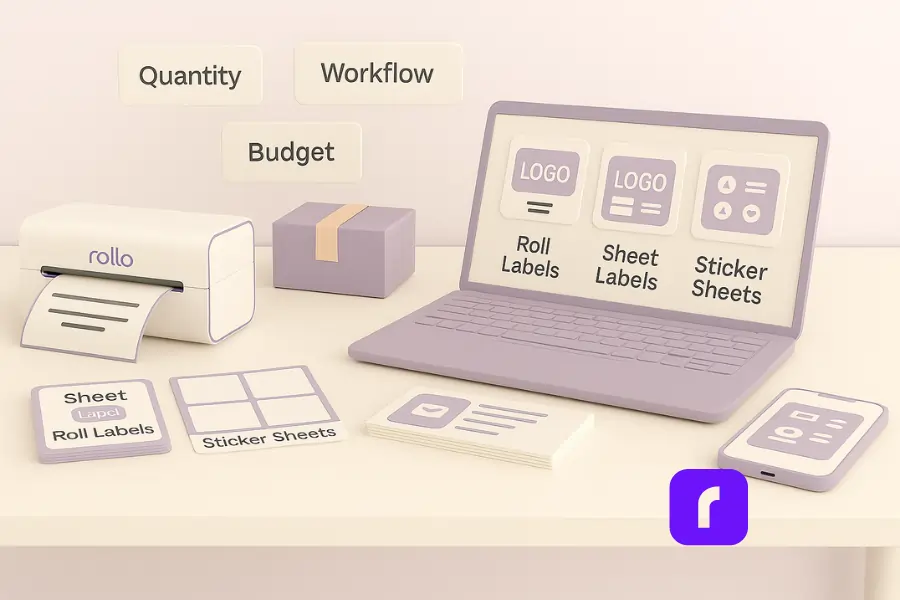 Print Custom Labels For Stunning New Packaging 2 3D illustration of a Rollo Wireless Label Printer on a minimalist desk setup, printing a clean shipping label with pastel UI panels and packaging materials, symbolizing fast and organized e-commerce shipping solutions.