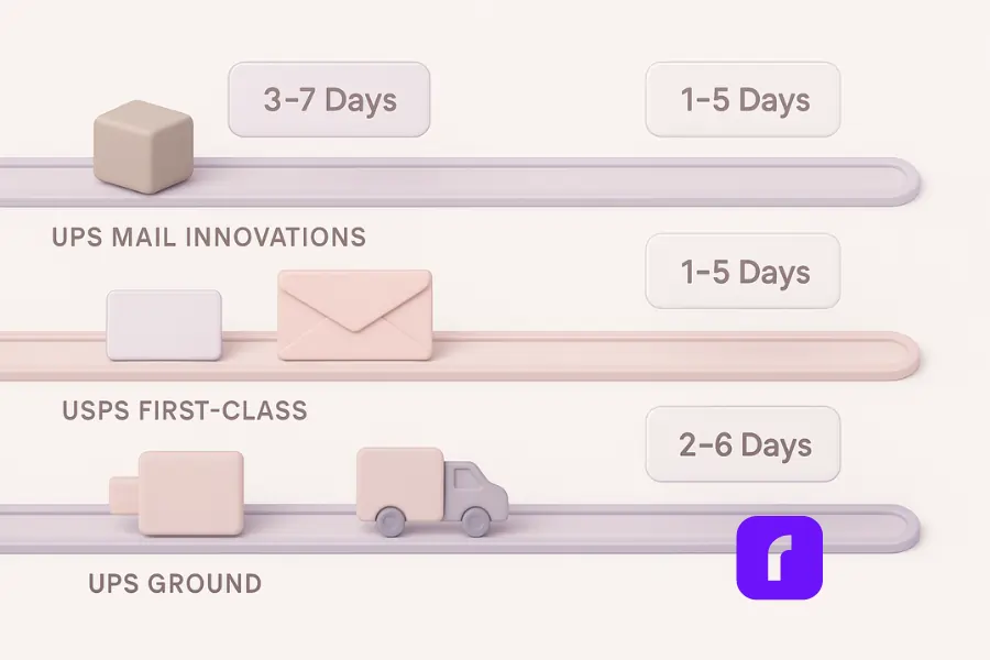 Minimalist 3D pastel illustration comparing shipping speeds of UPS Mail Innovations, USPS First-Class, and UPS Ground on parallel tracks with delivery time labels, highlighting UPS Mail Innovations as slower but cost-efficient.