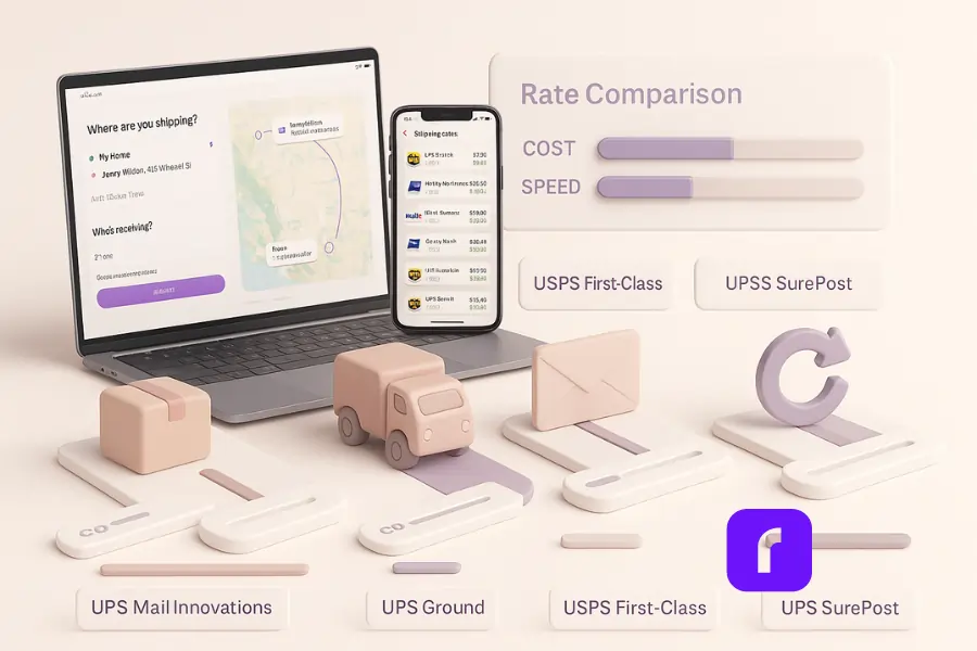 Minimalist 3D pastel illustration of a laptop and smartphone displaying the Rollo Ship dashboard with rate comparison, alongside icons for UPS Mail Innovations, UPS Ground, USPS First-Class, and UPS SurePost, each paired with cost vs speed sliders to visually compare shipping options.