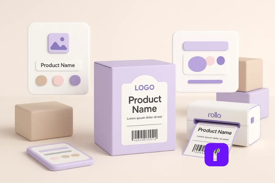 Print Custom Labels For Stunning New Packaging 1 Minimalist 3D illustration of a pastel-colored product box with a bold custom label featuring a logo, barcode, and product details. Floating design panels show label editing tools like logo upload and color swatches, while a Rollo Wireless Printer outputs fresh labels. The clean pastel palette with soft purples, whites, and taupe highlights how custom labels transform plain packaging into polished, branded products.