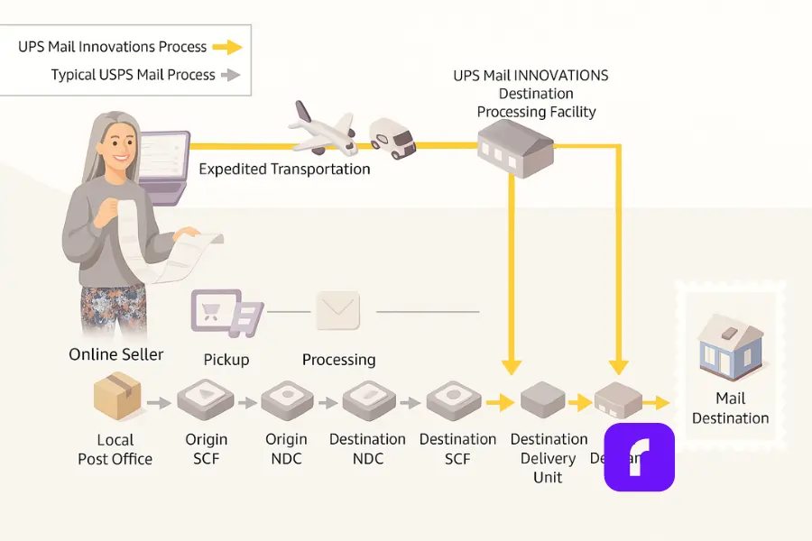 Minimalist 3D infographic comparing UPS Mail Innovations and the typical USPS mail process. The diagram shows an online seller with labels and a laptop as the mail origin. The USPS path flows through multiple facilities (Local Post Office, SCF, NDC, DDU) before final delivery, while the UPS Mail Innovations path highlights expedited transportation via truck and plane, a UPS processing facility, and handoff to USPS for last-mile delivery. Both flows end at the mailbox destination, with clear arrows and labels illustrating each step.