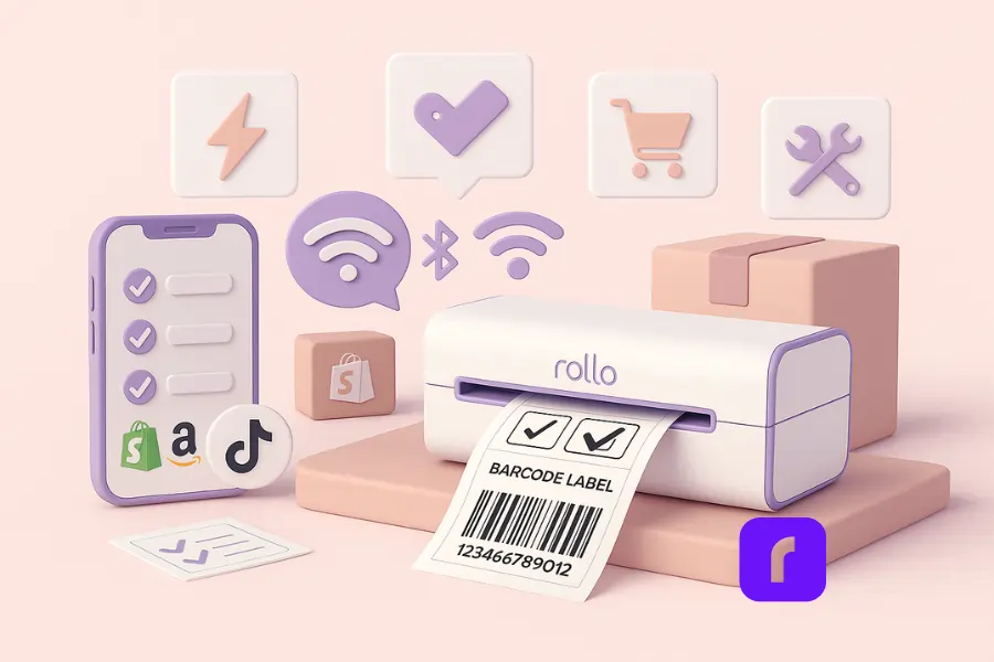 5 Secure Reasons an Inkless Portable Printer Saves A Fortune 6 Minimalist 3D illustration of a portable Rollo Wireless Printer connected to a smartphone via Bluetooth/Wi-Fi, printing a crisp barcode label. Floating checklist icons represent speed, connectivity, platforms, durability, and ergonomics, alongside Shopify, Amazon, and TikTok logos. Rendered in soft pastel colors with clean geometric shapes, ample negative space, and a modern digital style.