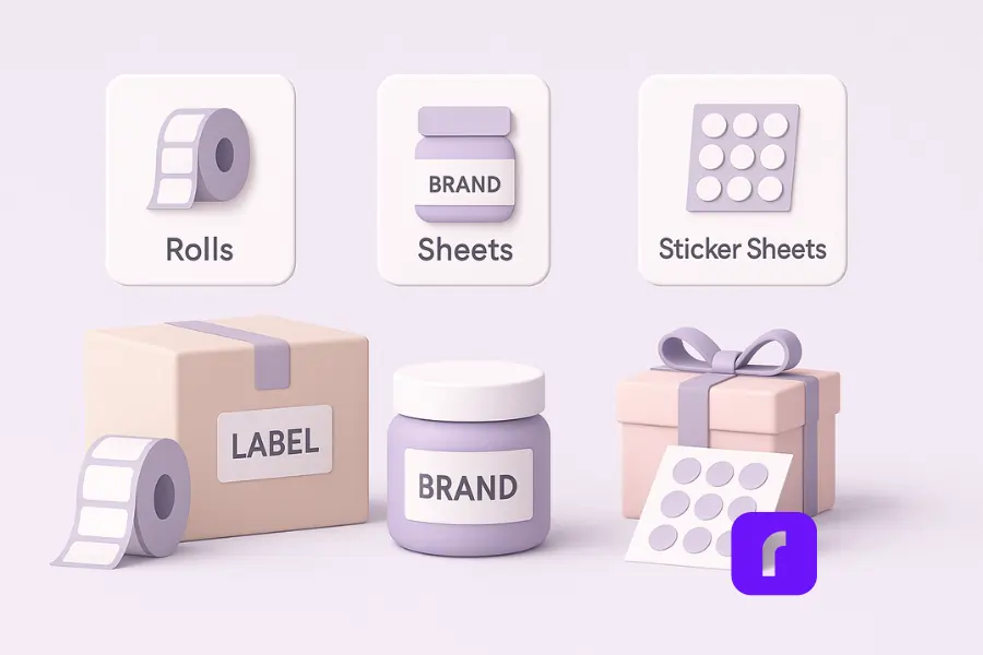 Print Custom Labels For Stunning New Packaging 3 A minimalist 3D digital illustration in soft pastel colors showing three custom label formats—rolls, sheets, and sticker sheets—arranged beside packaging examples including a shipping box, a cosmetic jar, and a small gift box. Floating UI panels highlight use cases for shipping, product packaging, and promotional inserts, with a Rollo Wireless Printer included for context. The clean design features smooth geometric shapes, matte surfaces, and ample negative space for a modern, approachable look.