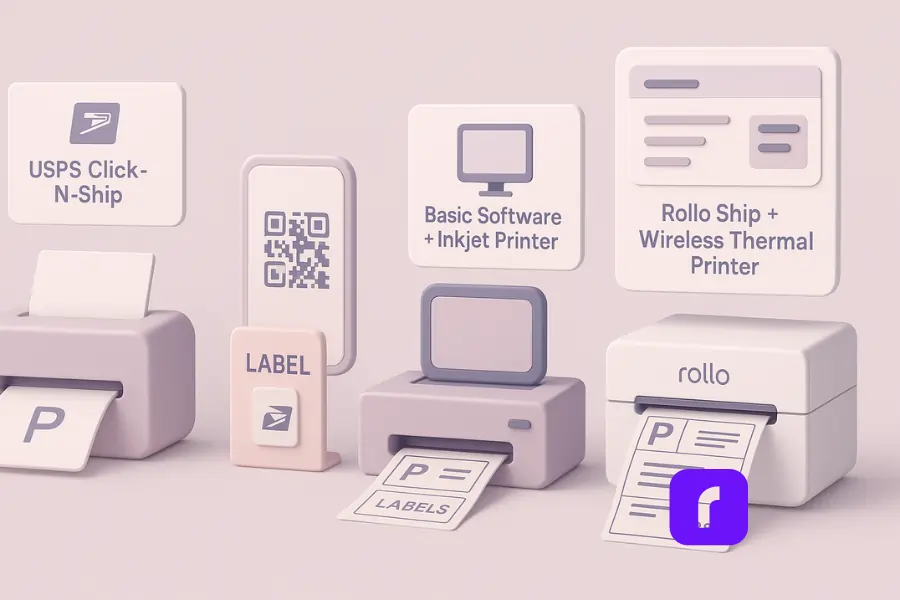 USPS Label Printing Tips You Need to Know for Better Results 2 3D illustration comparing USPS label printing methods from basic to professional, featuring a left-to-right progression. The image includes a paper printer for USPS Click-N-Ship, a smartphone displaying a QR code for Label Broker, an inkjet printer with stacked label sheets for basic software setups, and a Rollo wireless thermal printer connected to a clean shipping dashboard. The scene uses a soft pastel color palette and minimalist design to highlight increasing levels of speed, automation, and professionalism in USPS label printing.