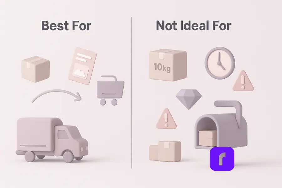 Minimalist 3D pastel illustration showing a split scene labeled “Best For” and “Not Ideal For” UPS Mail Innovations. The left side features lightweight parcels, catalogs, and an e-commerce shopping cart moving toward a mailbox. The right side depicts heavier boxes with weight icons, a clock symbol for urgency, a diamond with caution markers, and warning signs, representing shipments that are not a good fit.