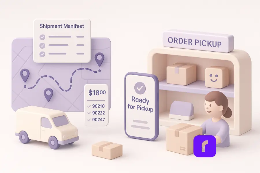 Minimalist 3D illustration in pastel colors showing how businesses reduce shipping costs with local delivery routes and in-store pickup. On the left, a stylized map displays a clustered delivery route with a van and shipment manifest highlighting grouped ZIP codes. On the right, a store counter labeled “Order Pickup” shows a smiling customer collecting a neatly packaged box, while a phone screen displays a “Ready for Pickup” notification. Clean packaging and icons emphasize cost savings and customer satisfaction.