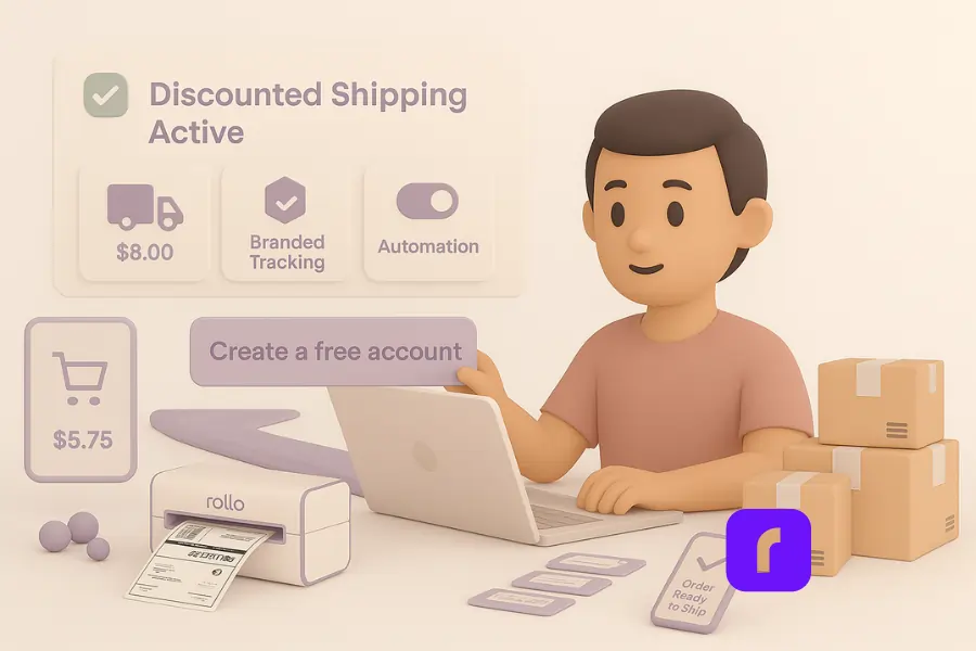 Minimalist 3D illustration of a side-hustle seller activating discounted shipping through free software signup. A floating dashboard shows 'Discounted Shipping Active' with tiles for Batch Labels, Branded Tracking, and Automation. A Rollo Wireless Printer prints a 4×6 label beside neatly stacked parcels, while a phone screen displays 'Order Ready to Ship,' symbolizing instant access to carrier discounts without a business account.
