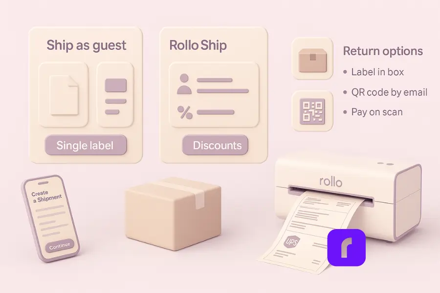 Minimalist 3D illustration showing UPS shipping label flexibility with two panels: 'Ship as guest' for a single label and 'Rollo Ship' for saved addresses and discounts. On the right, icons highlight return options—label in box, QR code by email, and pay on scan—alongside a Rollo wireless printer printing a UPS label, a package, and a phone with a create shipment screen.