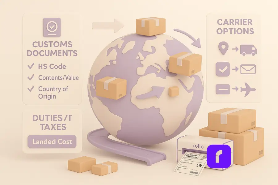 Minimalist 3D illustration of international shipping discounts with parcels moving across a pastel globe. Floating panels highlight customs documents with checkmarks for HS code, contents, value, and country of origin, a duties and taxes tile labeled 'Landed Cost,' and carrier options with generic icons for truck, envelope, and airplane. A Rollo Wireless Printer produces a 4×6 international shipping label next to neatly stacked packages, symbolizing cross-border savings through proper paperwork and smart carrier selection.