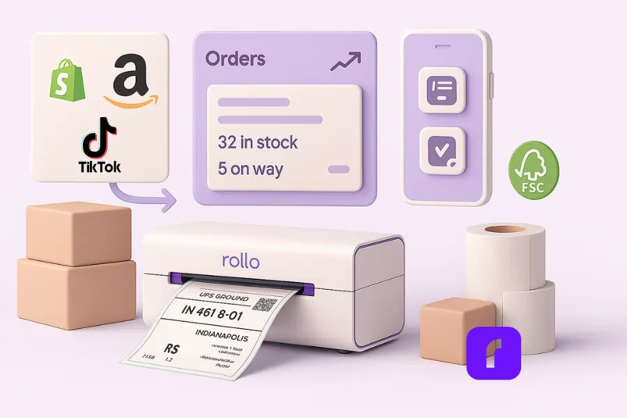 Minimalist 3D illustration showing Rollo Ship and the Rollo Wireless Printer automating small business shipping. A clean dashboard highlights Shopify, Amazon, and TikTok logos for multi-platform order syncing. The Rollo Wireless Printer prints a crisp 4×6 UPS label on a pastel workbench, surrounded by stacked boxes, FSC-certified eco-friendly label rolls, and a smartphone with live order updates. Floating panels display inventory counts and shipping automation, styled in soft lavender, blush, taupe, and white tones.