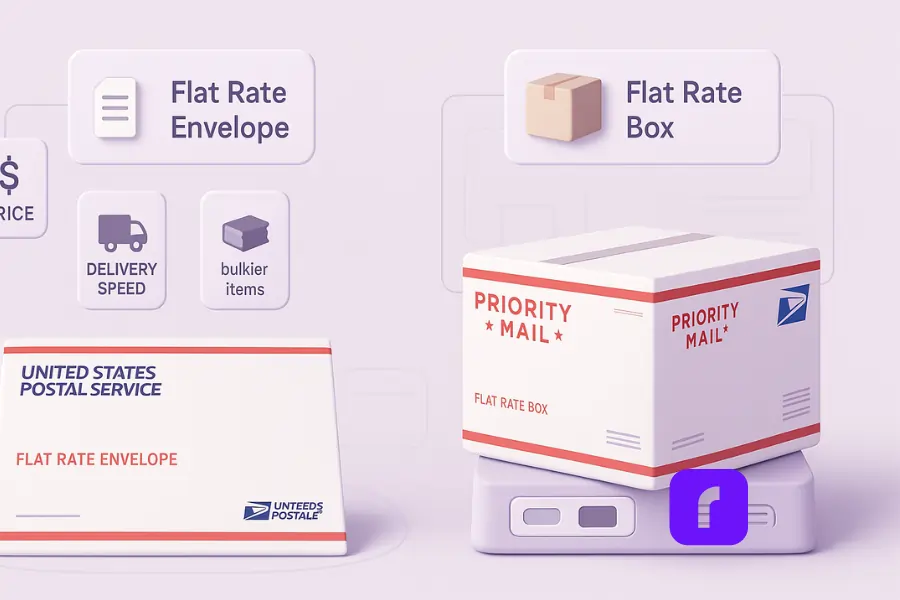 Minimalist 3D illustration comparing USPS Flat Rate Envelope and Flat Rate Box. On the left, a flat envelope labeled “Flat Rate Envelope” with floating icons for price, delivery speed, and compact documents. On the right, a small box labeled “Flat Rate Box” with an icon of a package, representing bulkier items. Both are styled in soft pastel tones of lavender, blush, and white, with clean floating panels and USPS branding for authenticity.