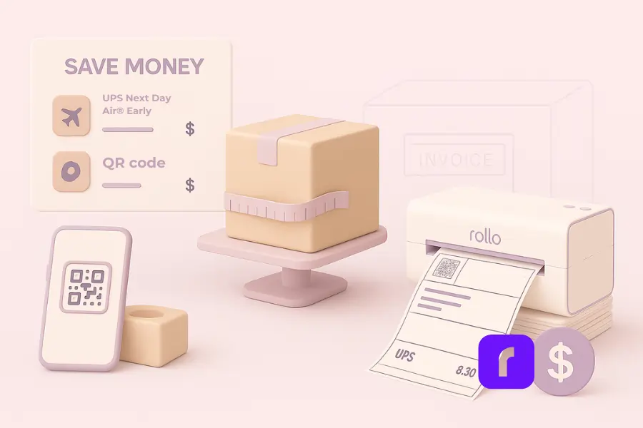 Minimalist 3D illustration showing UPS shipping cost-saving strategies with three visuals: a rate comparison panel labeled 'Save Money' with UPS Ground and Air icons, a package wrapped in a measuring tape to represent beating DIM charges, and a Rollo wireless printer batch-printing UPS Ground labels. A smartphone displays a QR code, with savings icons and packing materials completing the scene in soft pastel tones.