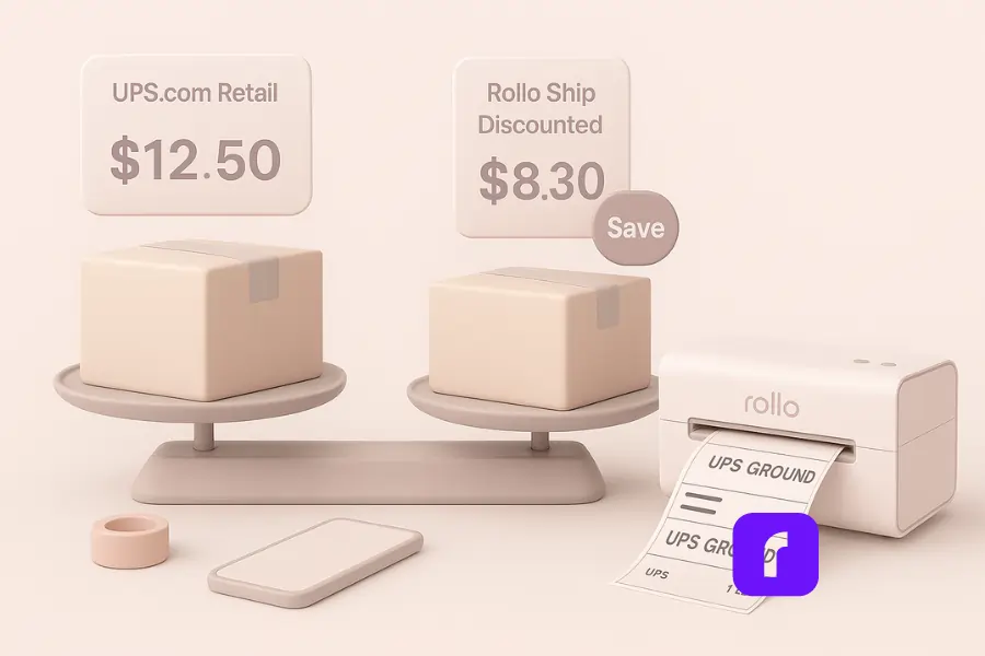 Minimalist 3D illustration comparing UPS.com retail shipping rates versus Rollo Ship discounted rates, with two packages on scales side by side—UPS.com Retail priced higher at $12.50 and Rollo Ship Discounted lower at $8.30, highlighted by a savings icon and a Rollo wireless printer printing a UPS Ground label.