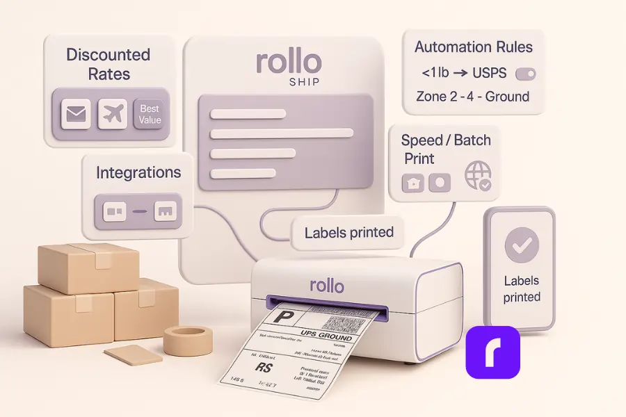 A minimalist 3D illustration of Rollo Ship’s shipping dashboard with floating panels labeled Discounted Rates, Automation Rules, Speed/Batch Print, Integrations, and Labels Printed. A Rollo Wireless Printer is shown producing a 4×6 UPS Ground label, surrounded by stacked parcels, packing tape, and a phone screen. The scene uses soft pastel colors—lavender, blush pink, taupe, and white—conveying simplified shipping, automation, and discounted rates for small businesses.