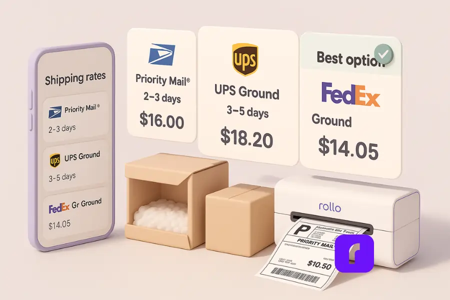 Minimalist 3D illustration in pastel colors showing multi-carrier rate comparisons for small business shipping. A smartphone screen displays shipping rates, while floating panels compare USPS Priority Mail ($16.00, 2–3 days), UPS Ground ($18.20, 3–5 days), and FedEx Ground ($14.05, marked “Best option”). A Rollo Wireless Printer prints a Priority Mail label, and small packages sit nearby, emphasizing how platforms like Rollo Ship help reduce shipping costs without volume commitments.