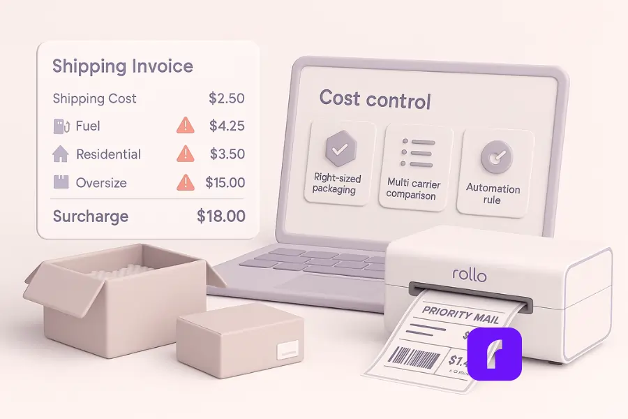 Minimalist 3D illustration in pastel colors showing the concept of auditing shipping invoices to catch hidden surcharges and apply cost-control strategies. A floating invoice panel highlights surcharges with red warning icons for fuel, residential, and oversize fees totaling $18.00. Next to it, a laptop screen displays a cost control dashboard with icons for right-sized packaging, multi-carrier comparison, and automation rules. A Rollo Wireless Printer prints a Priority Mail label, while simplified packages illustrate corrective actions to reduce costs.