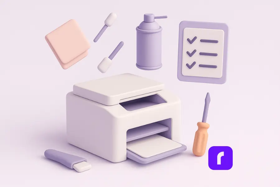 Minimalist 3D illustration of printer maintenance essentials, featuring a pastel-colored office printer surrounded by floating tools: lint-free cloth, compressed air can, cleaning swabs, and screwdriver. A floating checklist panel with ticked items highlights step-by-step care. Rendered in soft purples, blush pinks, and taupe with smooth geometric shapes and clean shadows.
