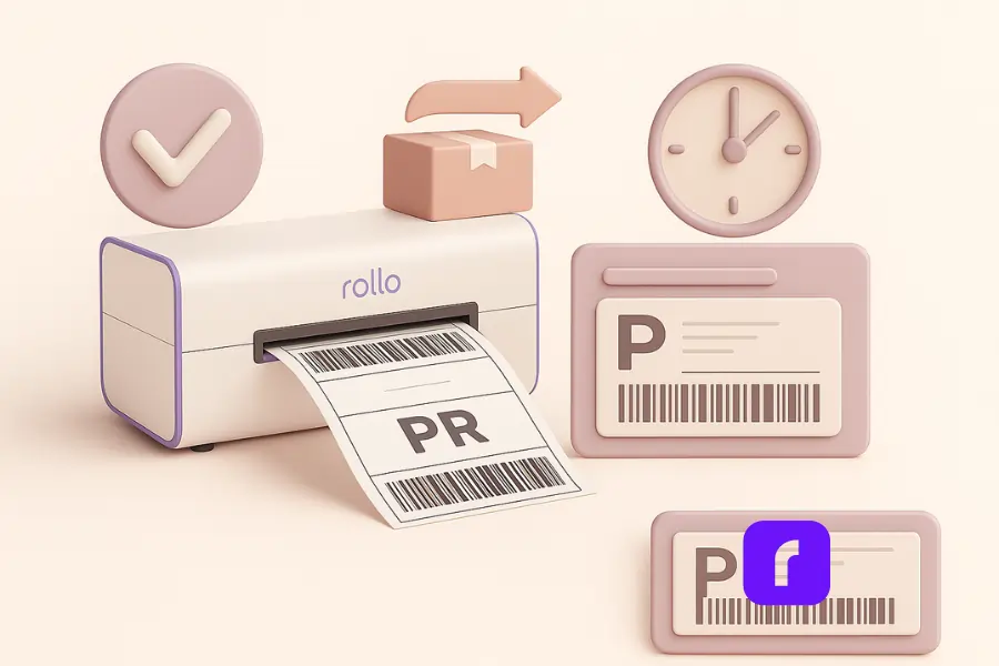 3D minimalist illustration of a Rollo Wireless Printer printing a 4×6 shipping label, surrounded by floating icons including a checkmark for compliance, a package with an arrow for faster fulfillment, and a clock for time savings. Additional UI panels display sample shipping labels, all styled in soft pastel colors of lavender, blush, and taupe.