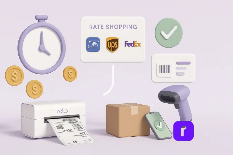 Minimalist 3D illustration showing how shipping and receiving software saves time and money. A pastel stopwatch and gold coins symbolize efficiency and cost savings, while a floating panel labeled “Rate Shopping” displays USPS, UPS, and FedEx logos. A Rollo Wireless Printer prints crisp 4×6 shipping labels, and a barcode scanner with a green checkmark panel emphasizes error reduction and accuracy. Clean, modern design with lavender, blush, and taupe tones highlights automation benefits.
