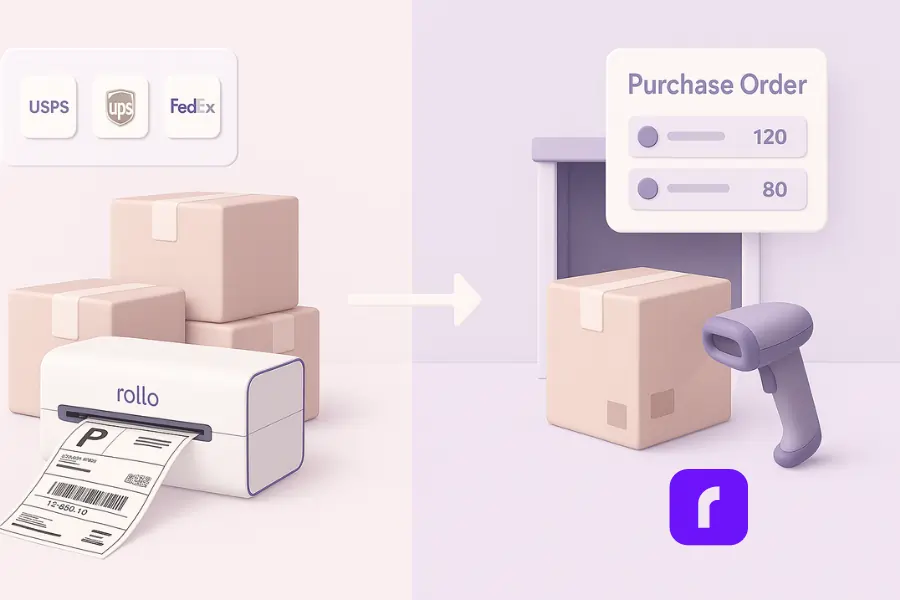 Minimalist 3D illustration in soft pastel tones showing how shipping and receiving software syncs outgoing and incoming operations. On the left, a Rollo Wireless Printer prints a 4×6 shipping label beside stacked packages, with a floating carrier rate panel displaying USPS, UPS, and FedEx. On the right, a warehouse dock scene shows a barcode scanner capturing an incoming box with a floating purchase order panel and inventory levels updating. A glowing arrow connects both sides, symbolizing one system managing both flows.