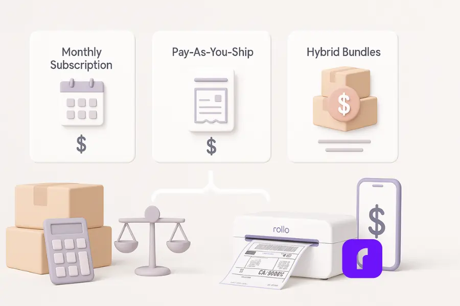 Minimalist 3D illustration of shipping and receiving software cost structures in pastel tones. Three floating panels represent pricing models: “Monthly Subscription” with a calendar icon, “Pay-As-You-Ship” with a per-label icon, and “Hybrid Bundles” with stacked boxes and a dollar sign. Supporting visuals include a balance scale, calculator, packages, a phone screen with a dollar symbol, and a Rollo Wireless Printer printing a 4×6 shipping label. Clean, modern style emphasizes affordability and hidden costs.