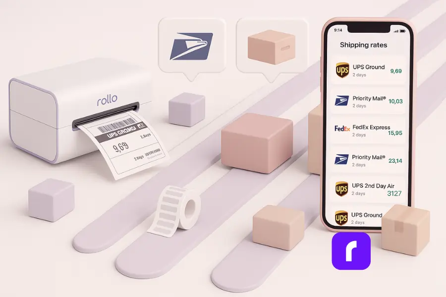 Minimalist 3D illustration in soft pastel colors showing a Rollo Wireless Printer printing a UPS Ground label next to a smartphone with shipping rate comparisons. Three parallel tracks with packages represent USPS, flat rate, and UPS Ground options, visually explaining how to reduce shipping cost by comparing carriers, package weights, and zones. Floating USPS, UPS, and flat rate icons highlight the cost race in a clean, modern style.