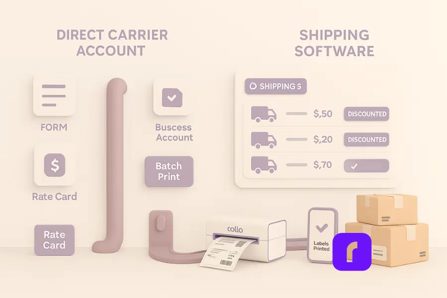 Minimalist 3D illustration comparing direct carrier accounts versus shipping software for SMBs. The left side shows a manual pipeline with paper forms and a single rate card, while the right side features a shipping software dashboard displaying multiple discounted carrier rates, automation toggles, and a 'Best Value' badge. A Rollo Wireless Printer batch prints 4×6 labels onto neatly packed parcels, with a phone screen confirming 'Labels Printed,' symbolizing streamlined workflows and smarter savings.