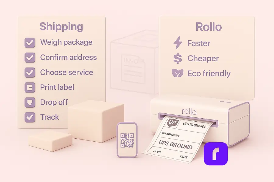 Minimalist 3D illustration comparing final shipping checks with Rollo’s advantages. On the left, a checklist panel shows steps like weighing a package, confirming address, choosing service, printing label, drop off, and tracking. On the right, Rollo’s benefits are highlighted with icons for faster, cheaper, and eco friendly. A Rollo wireless printer prints a crisp UPS Ground label, with supporting props like packages and a phone displaying a QR code, all in soft pastel tones.