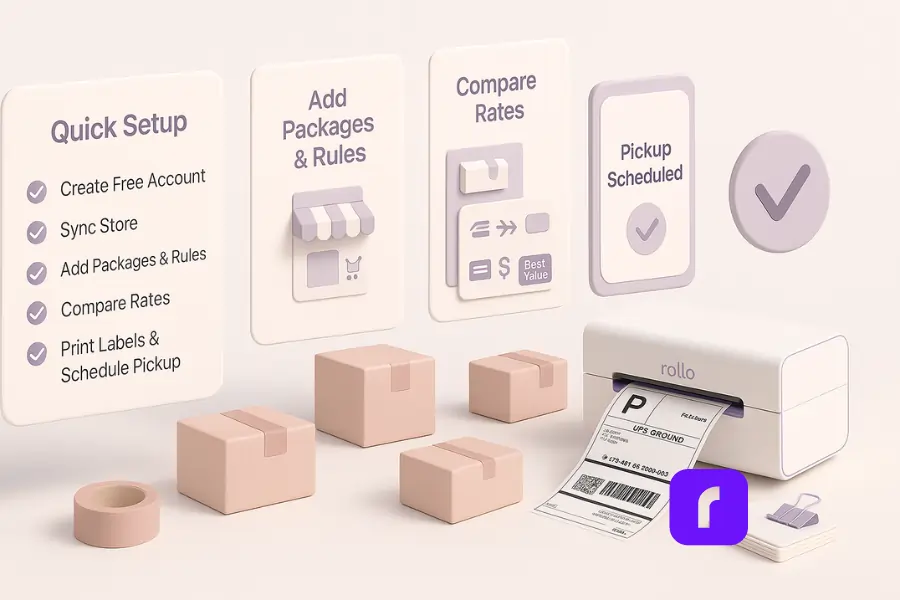 A minimalist 3D illustration of Rollo Ship’s Quick Setup flow. Floating panels display the five steps—Create Free Account, Sync Store, Add Packages & Rules, Compare Rates, and Print Labels & Schedule Pickup—with checkmarks for progress. Generic storefront and carrier icons illustrate store syncing, package rules, and rate comparison with a “Best Value” badge. Parcels flow toward a Rollo Wireless Printer producing a 4×6 UPS Ground label, alongside small stacks of labels, packing tape, and a phone screen showing “Pickup Scheduled.” The design uses soft pastel colors of lavender, blush pink, taupe, and white, with rounded shapes and clean shadows.