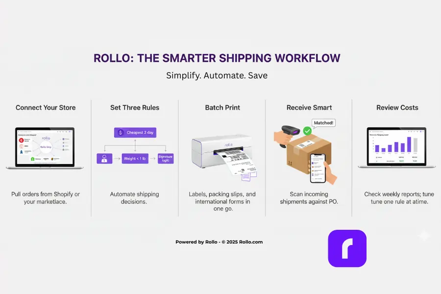 Infographic showing the Rollo smarter shipping workflow in five steps: connect your store, set three automation rules, batch print labels and forms, receive smart with barcode scanning, and review costs with weekly reports. Includes icons of a laptop, automation rules, Rollo Wireless Printer, scanning a package, and a dashboard chart.