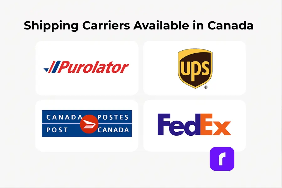 Logos of shipping carriers available in Canada with Rollo Ship, including Purolator, UPS Canada, Canada Post, and FedEx.