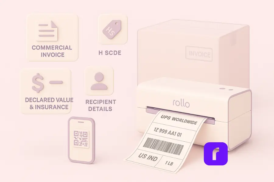 Minimalist 3D illustration highlighting essential documents for international UPS shipping, with floating icons for commercial invoice, HS code, declared value and insurance, and recipient details. A Rollo wireless printer prints a UPS Worldwide 4×6 label with a barcode, while a faint package outline with an invoice pouch in the background emphasizes customs clearance compliance.