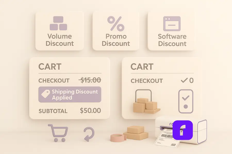 Minimalist 3D illustration of e-commerce checkout showing cart abandonment versus completed order. One panel displays high shipping costs crossed out with a 'Shipping Discount Applied' tag, while the other shows a confirmed order with packages. Floating tiles highlight volume discount, promo discount, and software discount. A Rollo Wireless Printer prints a shipping label beside stacked packages.