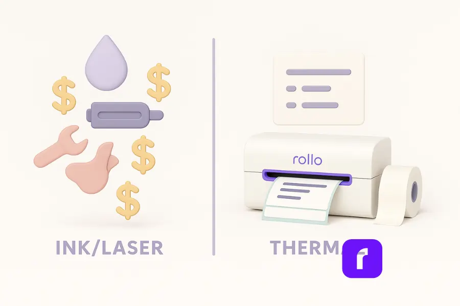Minimalist 3D illustration comparing printer maintenance costs. On the left, icons of an ink droplet, toner cartridge, wrench, and multiple dollar signs symbolize the higher, ongoing expenses of inkjet and laser printers. On the right, a stylized Rollo Wireless Printer prints a label next to a roll of labels with a single dollar sign, representing predictable and lower thermal printing costs. Rendered in soft pastel tones with smooth, rounded shapes and clean shadows.