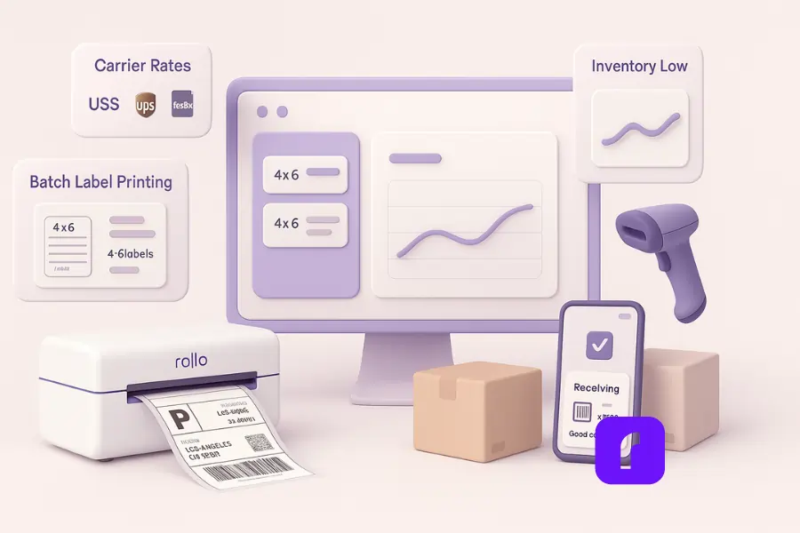 Minimalist 3D illustration of a feature-packed shipping and receiving hub in pastel colors. A central dashboard screen shows performance charts and batch label options, while floating panels display carrier rate shopping (USPS, UPS, FedEx), inventory alerts, and barcode scanning. A Rollo Wireless Printer prints a 4×6 shipping label, with packages, a phone receiving log, and a barcode scanner completing the scene. Clean, modern design emphasizes unified shipping and receiving software features. 