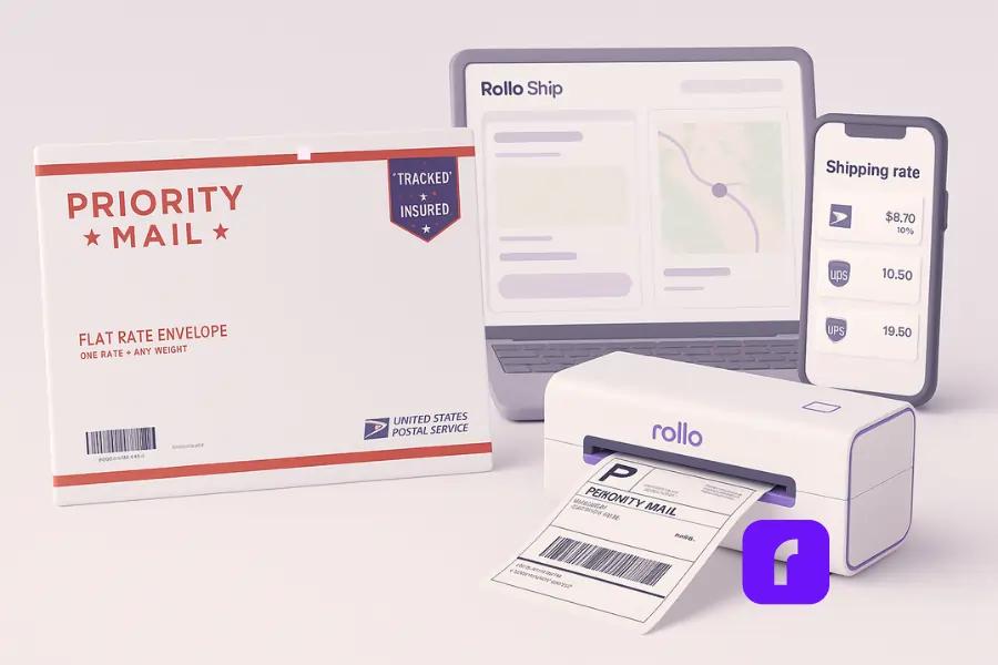 Minimalist 3D illustration of USPS Priority Mail Flat Rate Envelope with a Rollo wireless label printer printing a shipping label, alongside a laptop displaying the Rollo Ship dashboard and a smartphone showing USPS, UPS, and FedEx shipping rates on a clean pastel background.