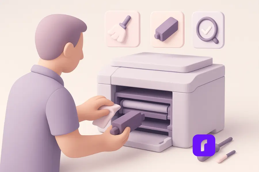 Minimalist 3D illustration of printer maintenance in action, showing a stylized person cleaning printer rollers while holding a toner cartridge. Floating icons above highlight cleaning, part replacement, and inspection, with simplified tools placed nearby. Rendered in soft pastel colors with smooth geometric shapes and ample negative space.