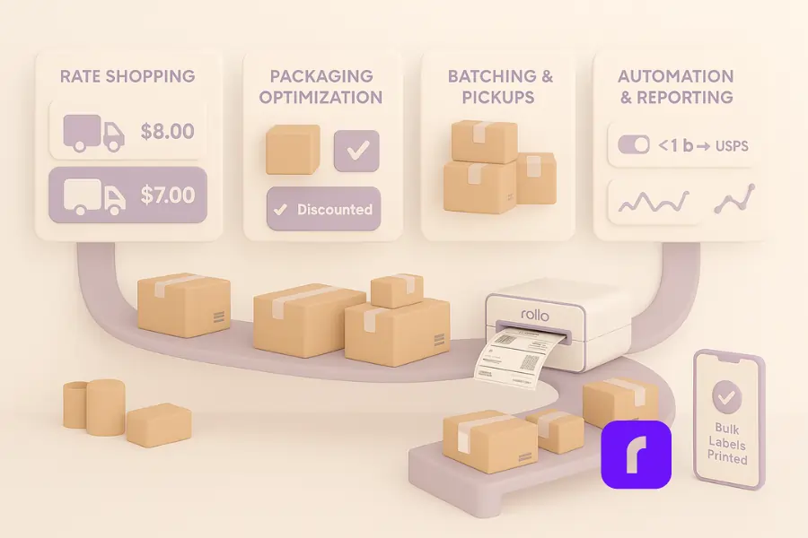 Minimalist 3D illustration of an SMB’s stacked workflow for saving on shipping costs. Floating panels show four steps: Rate Shopping with side-by-side carrier rates and a 'Best Value' highlight, Packaging Optimization with right-sized mailer checkmark, Batching & Pickups with grouped parcels and a calendar icon, and Automation & Reporting with rule toggles and a trend graph. A conveyor moves neatly packed boxes through each step to a Rollo Wireless Printer emitting a 4×6 label, with a phone screen confirming 'Bulk Labels Printed.