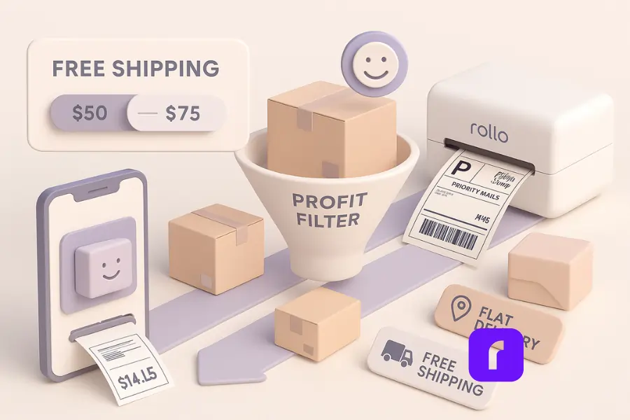Minimalist 3D illustration in pastel colors showing the concept of setting free shipping thresholds ($50–$75) with a floating dashboard panel. Packages flow through a funnel labeled “Profit Filter”: small boxes pass through as free shipping with happy customer icons, while oversized packages are redirected toward flat delivery options. A Rollo Wireless Printer prints a Priority Mail label, and a smartphone displays simplified order costs, symbolizing how businesses balance customer satisfaction with cost control.