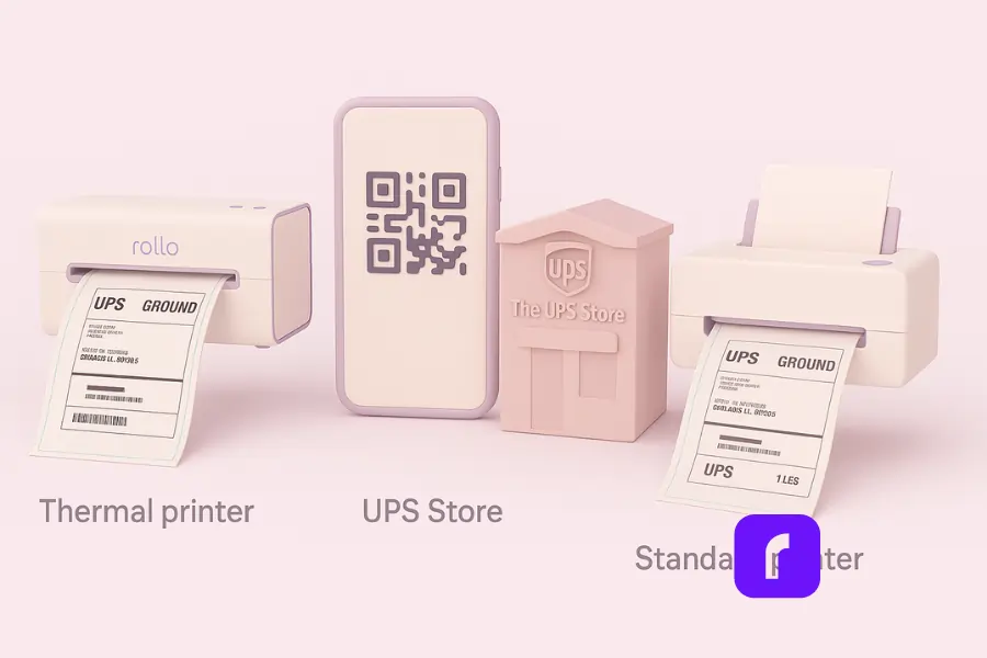 Minimalist 3D illustration showing three ways to print UPS shipping labels: a Rollo thermal printer printing a 4×6 UPS Ground label, a smartphone with a QR code beside a stylized UPS Store, and a standard desktop printer printing a full-sheet UPS label, all in soft pastel tones.