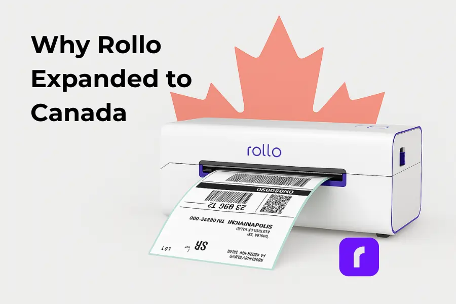 Rollo wireless label printer printing a shipping label with a Canadian maple leaf in the background and text reading 'Why Rollo Expanded to Canada'.