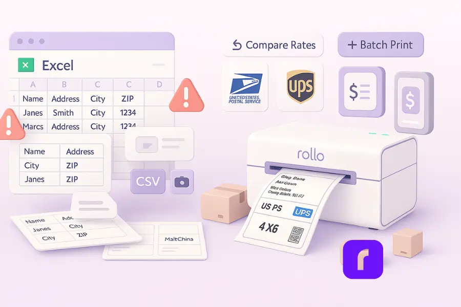 Minimalist 3D illustration comparing Excel label creation with modern shipping platforms, showing an Excel grid with error badges on the left and a Rollo Wireless Printer on the right printing a crisp 4×6 shipping label. Floating UI panels highlight CSV import, USPS and UPS logos, rate comparison, and batch print options, with small boxes and tape in soft pastel colors.
