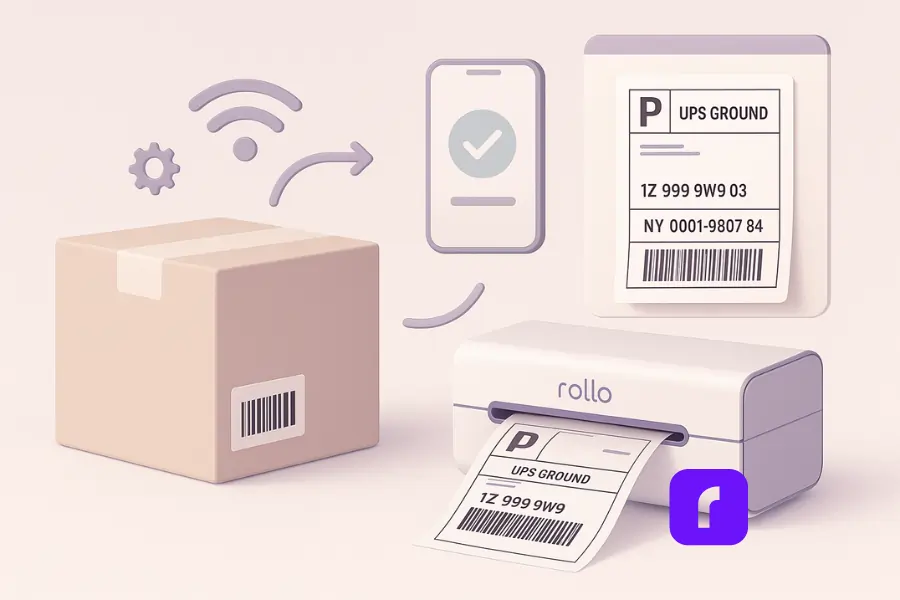 Minimalist 3D illustration of a Rollo Wireless Label Printer producing a UPS shipping label, with a phone confirmation icon, Wi-Fi signal, and a box ready for labeling to show a fast home printing workflow.