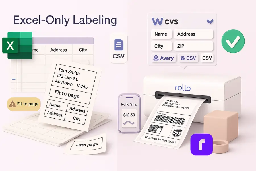 Minimalist 3D illustration comparing how to print mailing labels from Excel versus smarter alternatives, showing misaligned labels and a warning badge on the left, and a Word template with a Rollo Wireless Printer producing perfect 4×6 shipping labels on the right, with CSV, Avery, and Mail Merge icons plus packing materials.