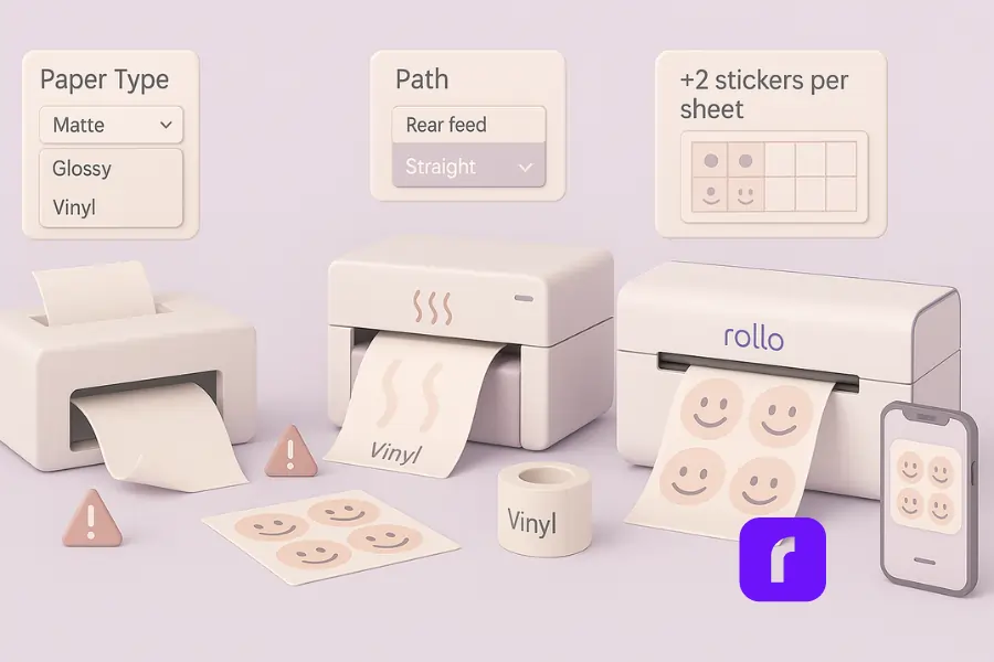 Minimalist 3D illustration comparing printer compatibility with sticker paper. On the left, an inkjet printer shows a curled jammed sheet with warning icons. In the center, a laser printer outputs a warped vinyl sheet with heat-wave symbols. On the right, a Rollo Wireless Printer smoothly prints peel-ready smiley stickers, paired with a phone screen previewing the design. Floating UI panels display paper type options, path settings, and a grid layout showing “+2 stickers per sheet.” Rendered in soft pastel colors of lavender, blush pink, taupe, and white with rounded geometric shapes.