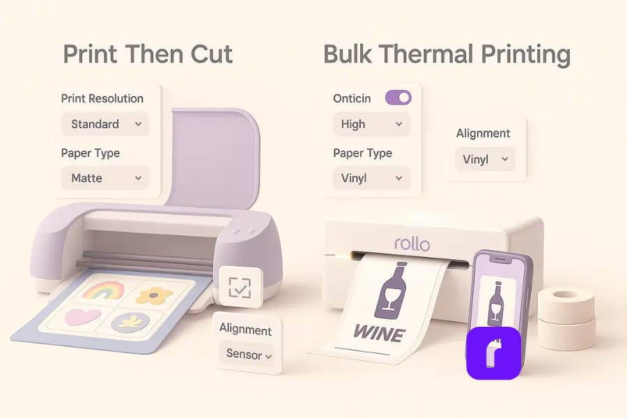 Minimalist 3D illustration comparing Cricut Print Then Cut vs. bulk thermal printing with a Rollo wireless printer. On the left, a Cricut cutter prints and cuts colorful stickers with contour lines. On the right, the Rollo printer continuously outputs uniform labels featuring a stylized wine bottle logo, also shown on a phone screen. Floating UI panels display options for print resolution, paper type, and alignment. Soft pastel colors with clean, rounded shapes and ample negative space highlight the workflow contrast.