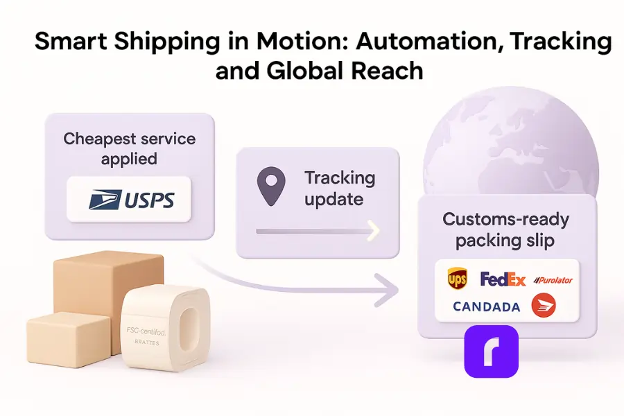 A minimalist 3D illustration titled “Smart Shipping in Motion: Automation, Tracking, and Global Reach.” The visual shows a left-to-right workflow of automated shipping actions: on the left, a panel labeled “Cheapest service applied” with the USPS logo and small eco-friendly packaging props, including FSC-certified thermal labels; in the center, a “Tracking update” panel with a location pin and glowing arrow; and on the right, a “Customs-ready packing slip” panel featuring carrier logos for UPS, FedEx, Purolator, Canada Post, and “CANDADA.” The soft pastel palette uses whites, lavenders, and blush tones, with smooth rounded edges and gentle shadows to convey calm efficiency and global connectivity.