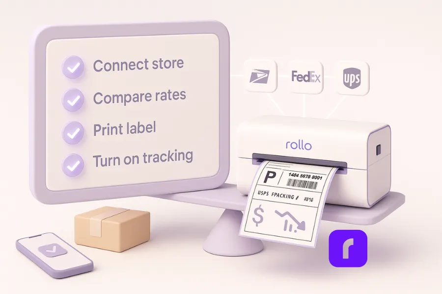 Minimalist 3D illustration in soft pastel tones showing a digital checklist with glowing lavender check marks beside four steps: “Connect store,” “Compare rates,” “Print label,” and “Turn on tracking.” To the right, a Rollo Wireless Printer prints a shipping label displaying USPS, FedEx, and UPS icons. A smartphone and parcel rest nearby, all rendered with matte textures, rounded edges, and soft shadows, symbolizing the simplicity and speed of getting started with Rollo Ship.